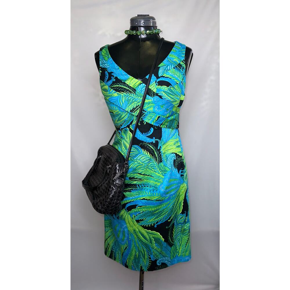 Jones New York Signature Blue Green Leaf Print Stretch Dress Sz 4 w/ Ruffle NWT